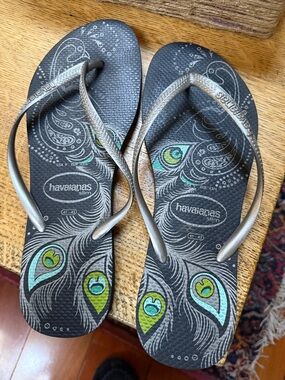 Havaianas Slim Black Flip Flops with Teal & Lime Peacock Feather Accents